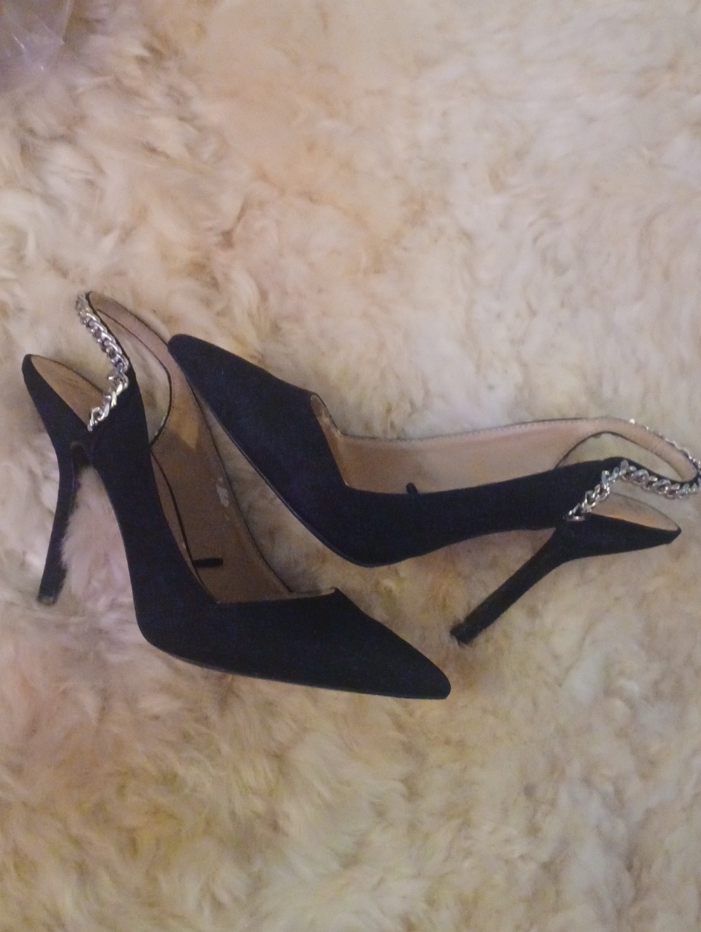 ZARA Black VAMP Pointed-Toe Slingback Heels with Silver Chain Detail sz. 39-8